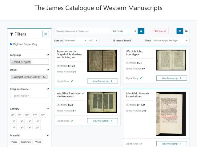 Screen shot of the James Catalogue of Western Manuscripts 