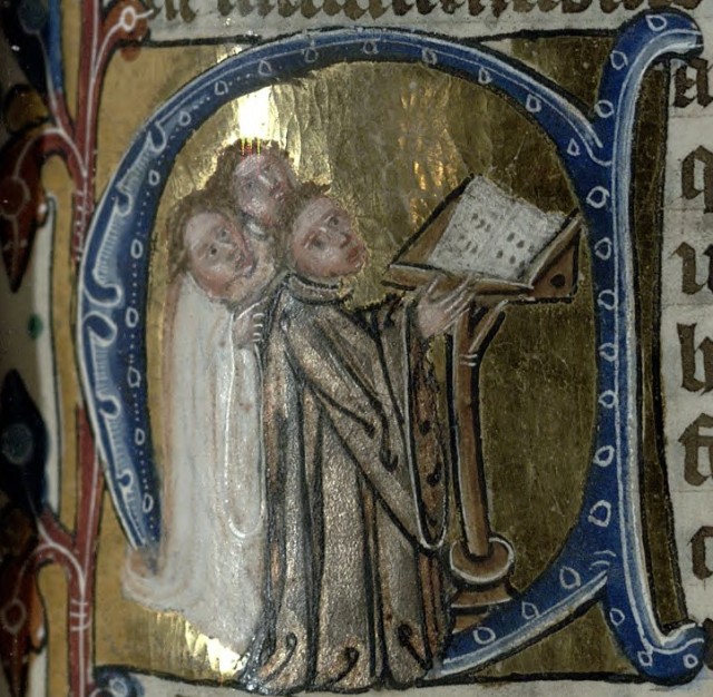 Detail of illuminated initial showing three kneeling worshippers