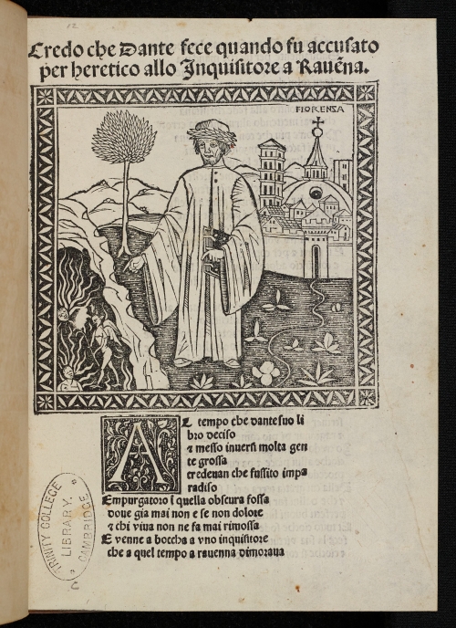 Single folio with woodcut showing Dante in foreground, city in background.